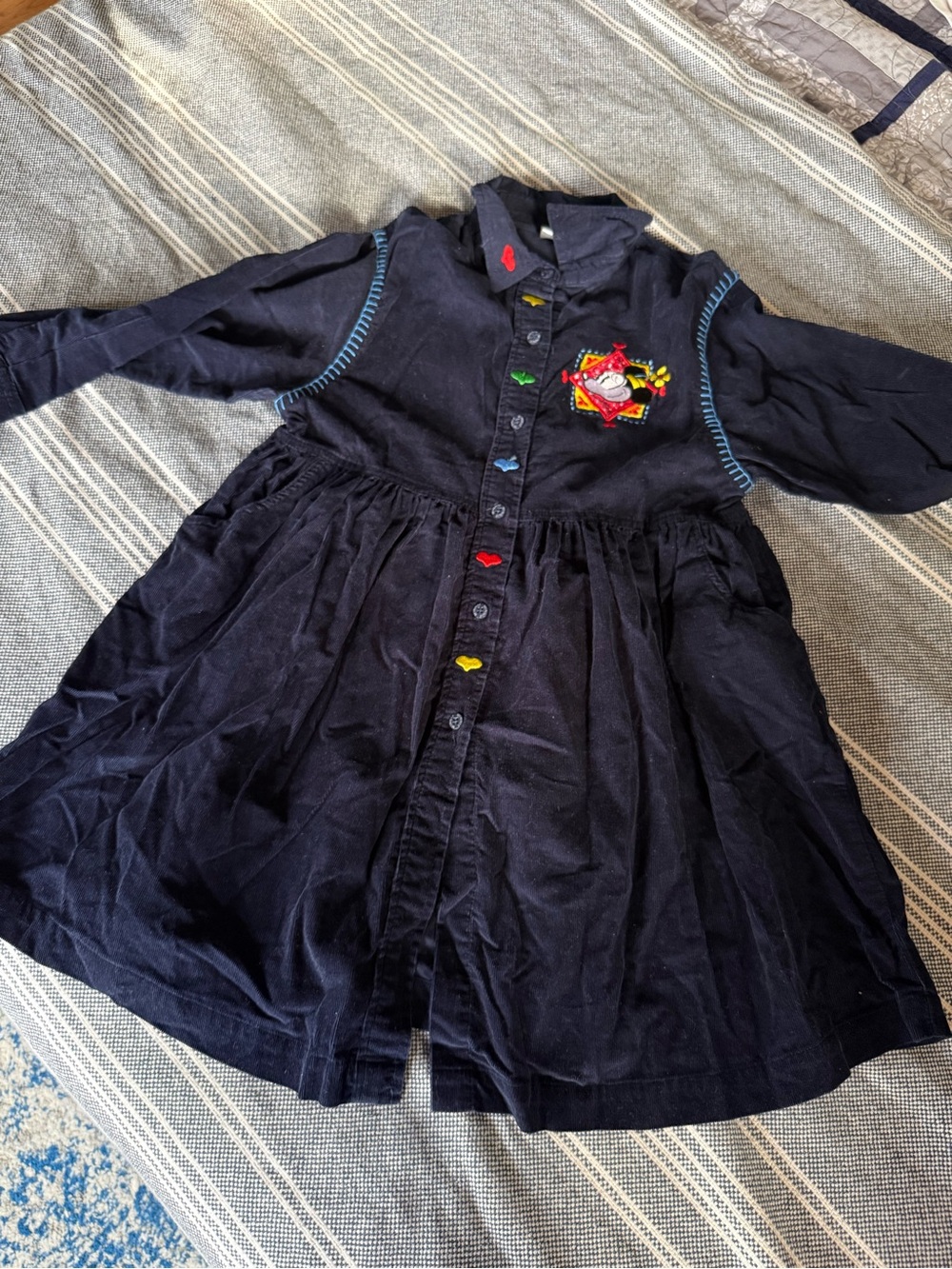 90s Disney Navy Corduroy Dress with Colorful Heart Buttons and Mickey